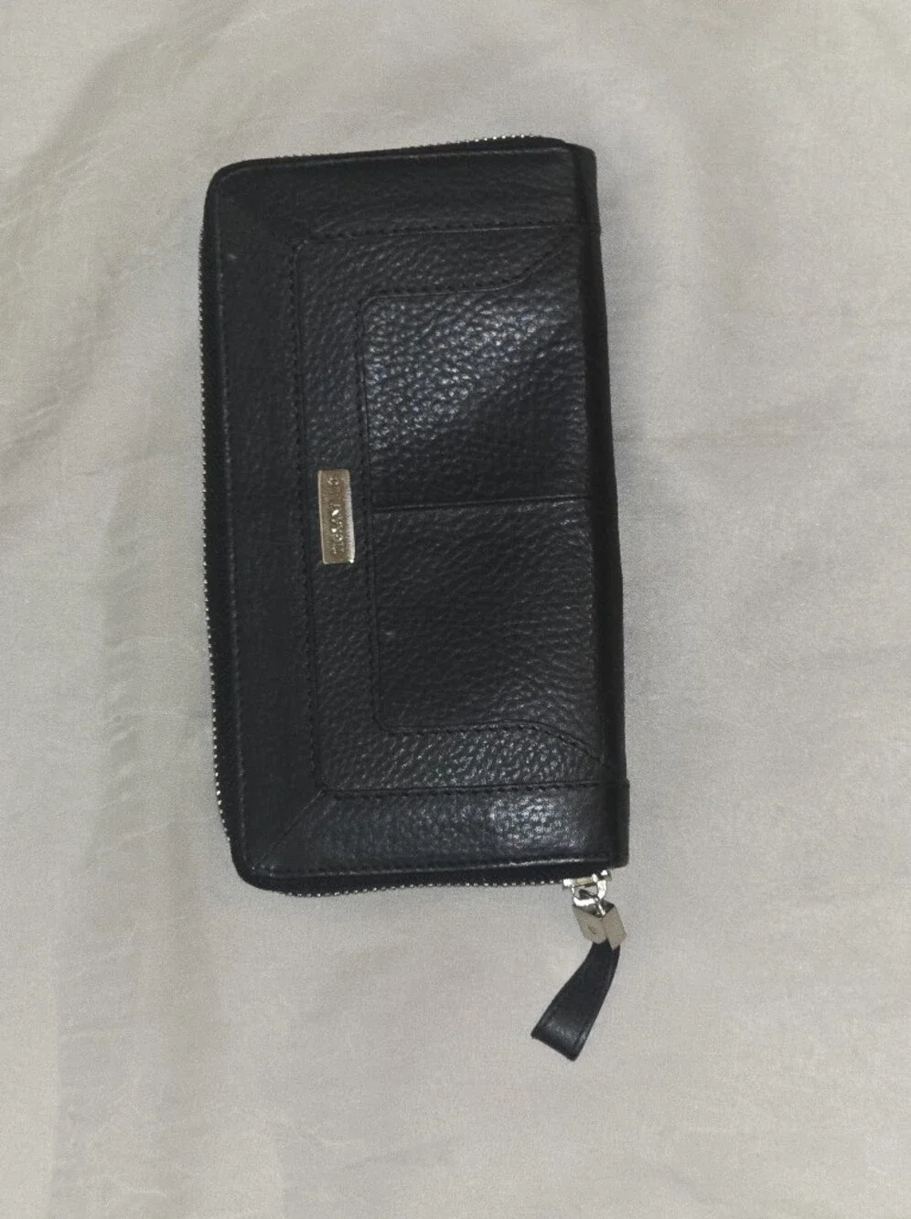 (2 For $30) Tignanello Black Pebbled Leather Zip Wallet with Silver Hardware